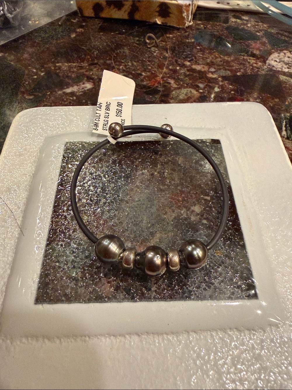 Tahitian Pearl/ Sterling silverBead Bracelet-black wrapped wire w/ silver caps